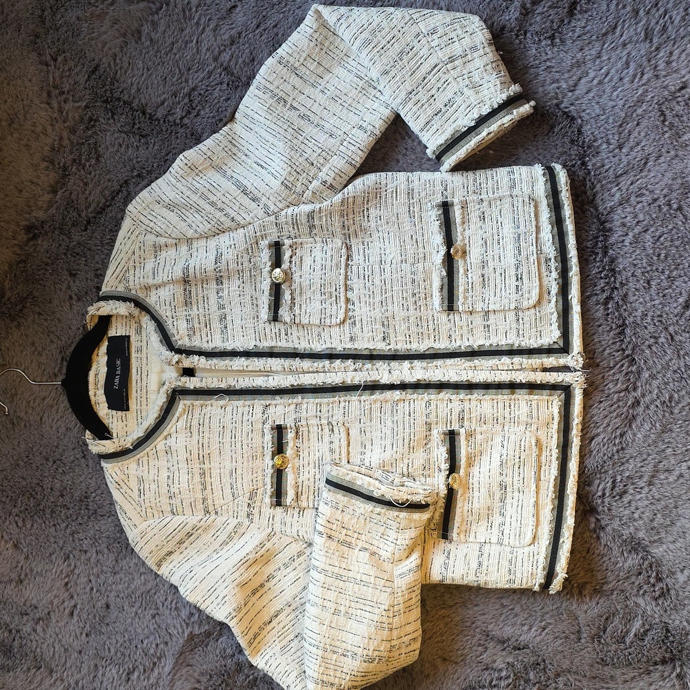 Zara Cream and Black Tweed Blazer